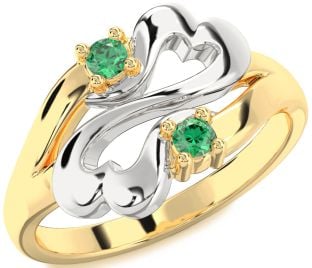 Emerald Platinum & Yellow Gold Infinity Heart Two Stone Birthstone Ring