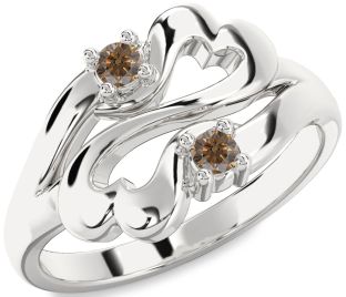 Chocolate Brown Diamond Silver Infinity Heart Two Stone Ring