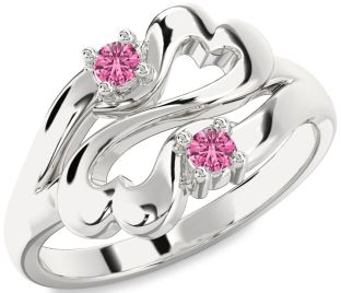 Pink Sapphire Silver Infinity Heart Two Stone Ring