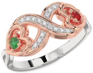 Diamond Emerald Platinum & Rose Gold Infinity Heart Two Stone Birthstone Ring