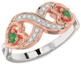 Diamond Emerald Platinum & Rose Gold Infinity Heart Two Stone Birthstone Ring