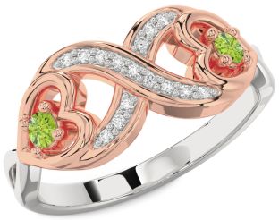 Diamond Emerald Platinum & Rose Gold Infinity Heart Two Stone Birthstone Ring