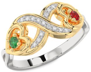 Diamond Emerald Platinum & Yellow Gold Infinity Heart Two Stone Birthstone Ring