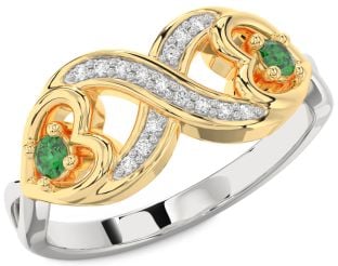 Diamond Emerald Platinum & Yellow Gold Infinity Heart Two Stone Birthstone Ring