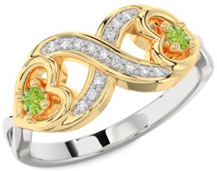 Diamond Emerald Platinum & Yellow Gold Infinity Heart Two Stone Birthstone Ring