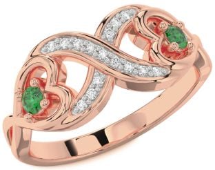 Diamond Emerald Rose Gold Infinity Heart Two Stone Birthstone Ring