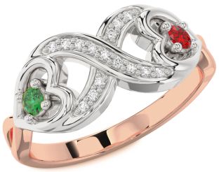 Diamond Emerald Platinum & Rose Gold Infinity Heart Two Stone Birthstone Ring