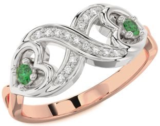 Diamond Emerald White Rose Gold Infinity Heart Two Stone Birthstone Ring