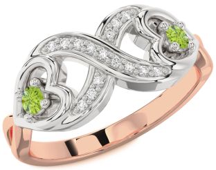Diamond Emerald Platinum & Rose Gold Infinity Heart Two Stone Birthstone Ring
