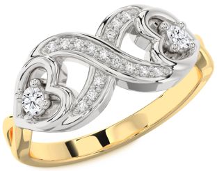 Diamond White Yellow Gold Infinity Heart Round Two Stone Ring