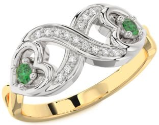 Diamond Emerald Platinum & Yellow Gold Infinity Heart Two Stone Birthstone Ring
