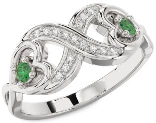 Diamond Emerald Silver Infinity Heart Two Stone Birthstone Ring