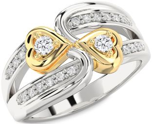 Diamond Silver & 10K gold Heart Round Two Stone Ring