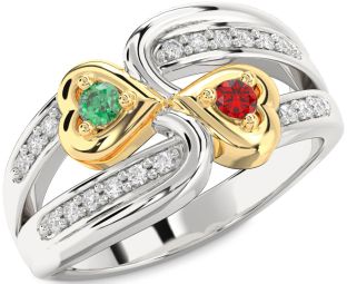 Diamond Emerald Silver & 10K gold Heart Two Stone Birthstone Ring