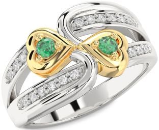 Diamond Emerald Platinum & Yellow Gold Heart Two Stone Birthstone Ring