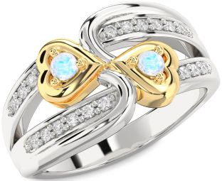 Diamond Moonstone Gold Silver Heart Two Stone Ring