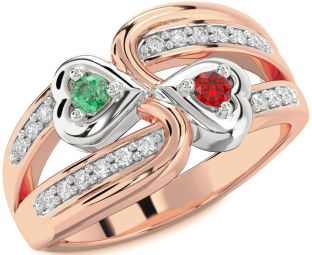 Diamond Emerald Platinum & Rose Gold Heart Two Stone Birthstone Ring