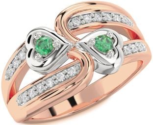 Diamond Emerald Platinum & Rose Gold Heart Two Stone Birthstone Ring