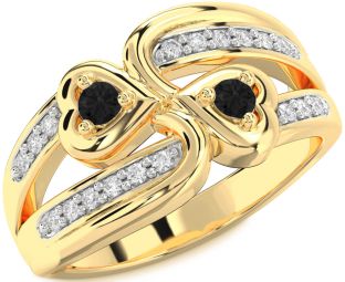Black Diamond Gold Silver Heart Two Stone Ring