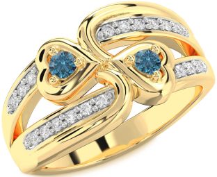 Blue Diamond Gold Silver Heart Two Stone Ring