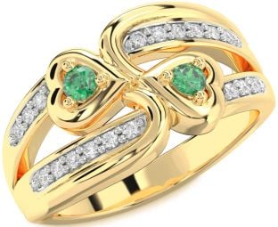 Diamond Emerald Gold Heart Two Stone Birthstone Ring