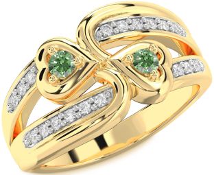 Green Diamond Gold Silver Heart Two Stone Ring