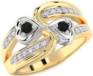 Black Diamond Gold Silver Heart Two Stone Ring