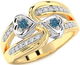 Blue Diamond Gold Silver Heart Two Stone Ring