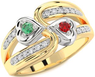 Diamond Emerald Platinum & Yellow Gold Heart Two Stone Birthstone Ring