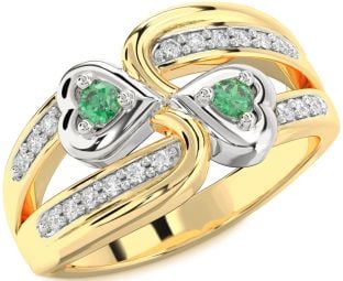 Diamond Emerald Platinum & Yellow Gold Heart Two Stone Birthstone Ring