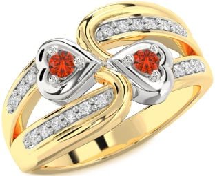 Diamond Fire Opal Gold Silver Heart Two Stone Ring