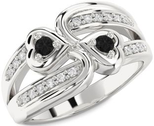 Black Diamond Silver Heart Two Stone Ring
