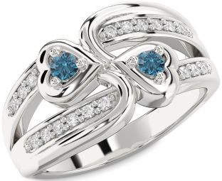 Blue Diamond Silver Heart Two Stone Ring
