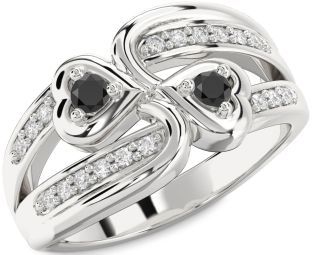 Diamond Black Onyx Silver Heart Two Stone Ring