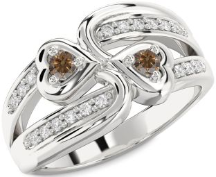 Chocolate Brown Diamond Silver Heart Two Stone Ring