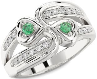 Diamond Emerald Platinum Heart Two Stone Birthstone Ring
