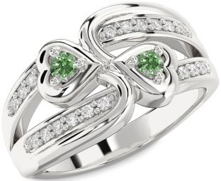 Green Diamond Silver Heart Two Stone Ring