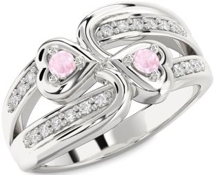 Diamond Rose Quartz Silver Heart Two Stone Ring