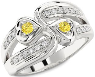 Yellow Diamond Silver Heart Two Stone Ring