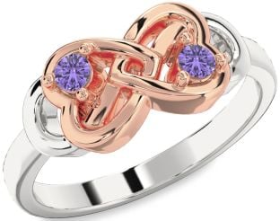 Emerald Platinum & Rose Gold Infinity Heart Two Stone Birthstone Ring