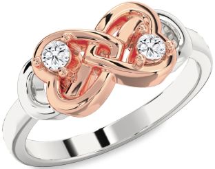 Diamond Silver & 10K Rose Gold Infinity Heart Round Two Stone Ring