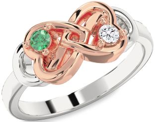 Emerald Platinum & Rose Gold Infinity Heart Two Stone Birthstone Ring