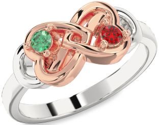 Emerald Silver & 10K Rose Gold Infinity Heart Two Stone Birthstone Ring