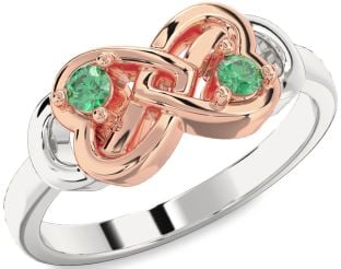 Emerald Platinum & Rose Gold Infinity Heart Two Stone Birthstone Ring