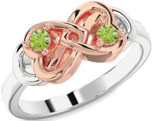 Emerald Platinum & Rose Gold Infinity Heart Two Stone Birthstone Ring
