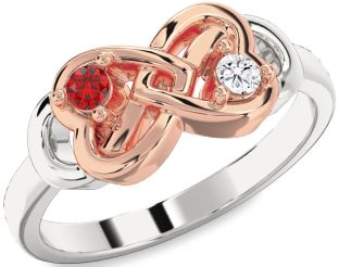 Emerald Platinum & Rose Gold Infinity Heart Two Stone Birthstone Ring