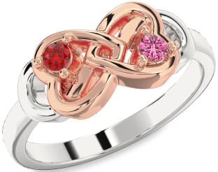 Emerald Platinum & Rose Gold Infinity Heart Two Stone Birthstone Ring