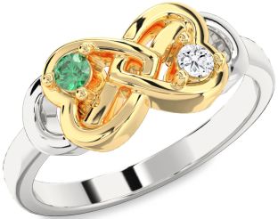 Emerald Platinum & Yellow Gold Infinity Heart Two Stone Birthstone Ring