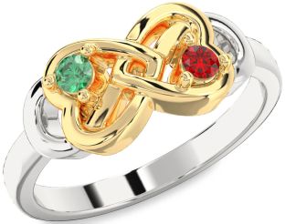 Emerald Platinum & Yellow Gold Infinity Heart Two Stone Birthstone Ring