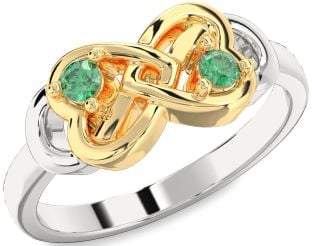 Emerald Platinum & Yellow Gold Infinity Heart Two Stone Birthstone Ring